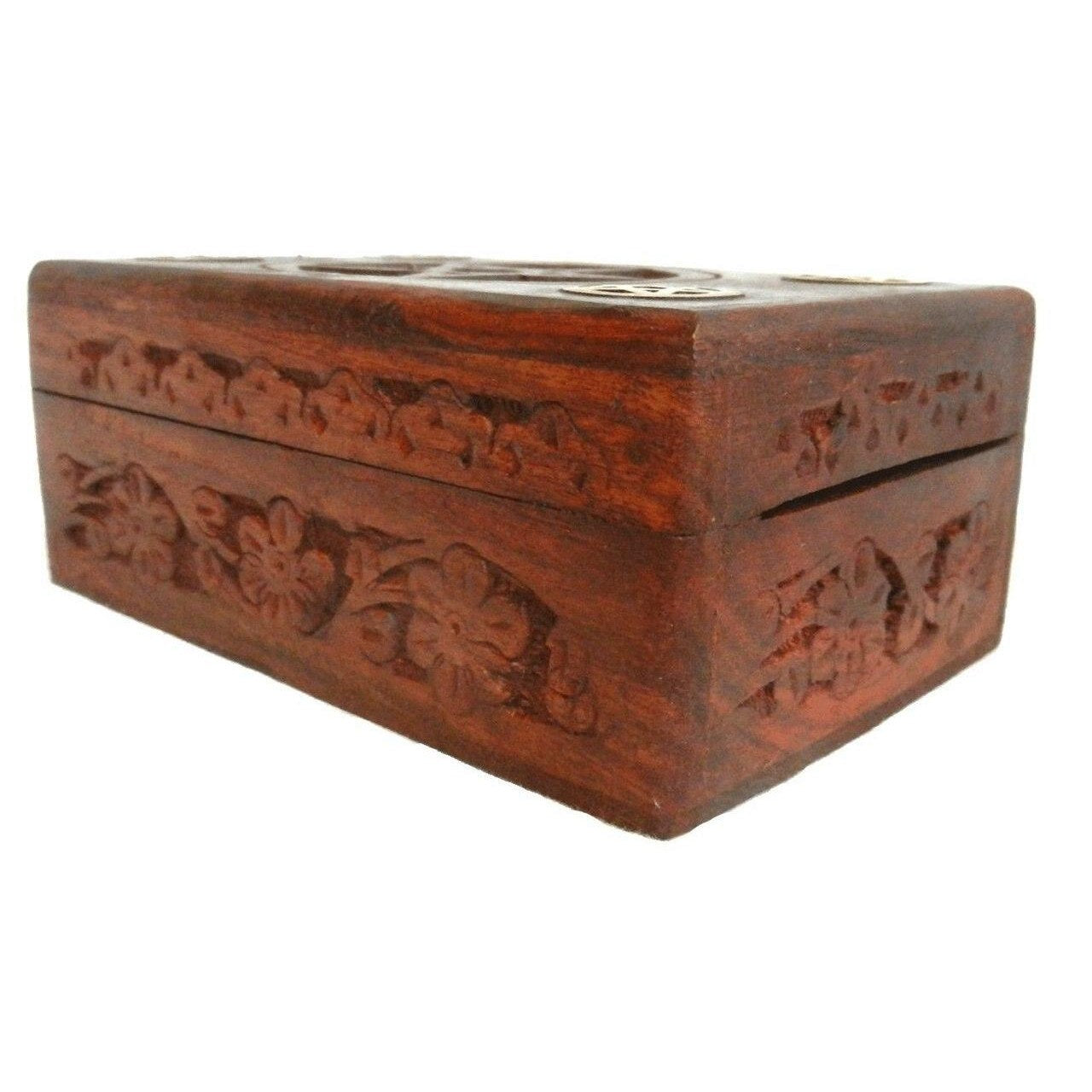 Five Pentagram Wooden Box with Engraved Pentagram Within a Circle and Four Brass Pentagrams for Tarot Cards , Jewelry, Spell Box etc.-3