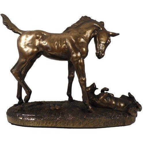 First Encounters-Foal and Dog Horses Equines Cold Cast Bronze Sculpture-1
