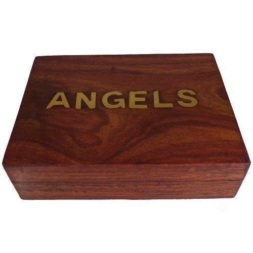 Angels Engraved Wooden Box with Brass Inlay ANGELS letters- for jewellery, for keepsake or trinkets for Angel cards-0