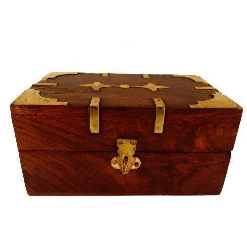 Treasure Chest Wooden Box with Brass Decorative Design and Brass Clasp for Storing Jewellery or Keepsakes-0
