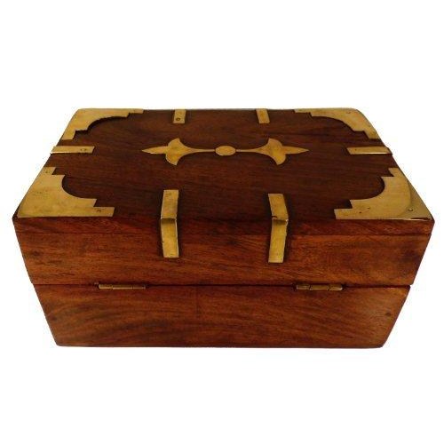 Treasure Chest Wooden Box with Brass Decorative Design and Brass Clasp for Storing Jewellery or Keepsakes-2