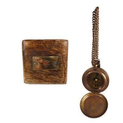 Bronze coloured Antique style W. Ottway 1915 Pocket Compass and chain in Wooden Presentation case.-0