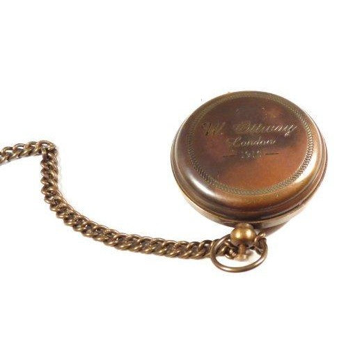 Bronze coloured Antique style W. Ottway 1915 Pocket Compass and chain in Wooden Presentation case.-4