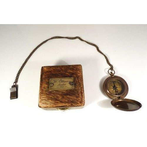 Bronze coloured Antique style W. Ottway 1915 Pocket Compass and chain in Wooden Presentation case.-5