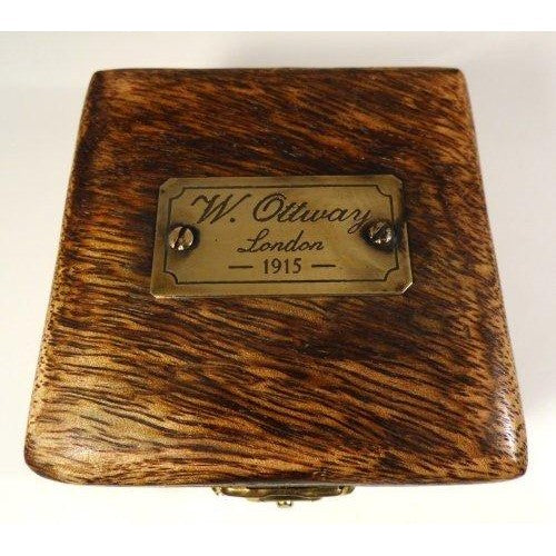 Bronze coloured Antique style W. Ottway 1915 Pocket Compass and chain in Wooden Presentation case.-6