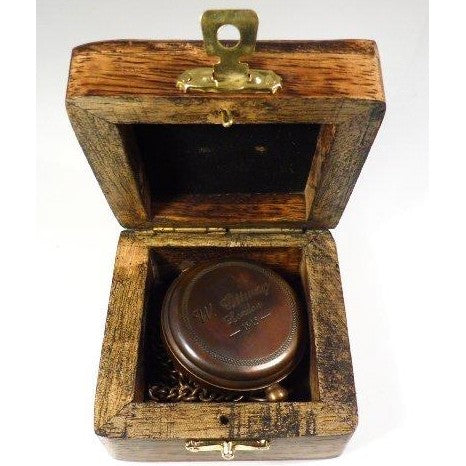 Bronze coloured Antique style W. Ottway 1915 Pocket Compass and chain in Wooden Presentation case.-7