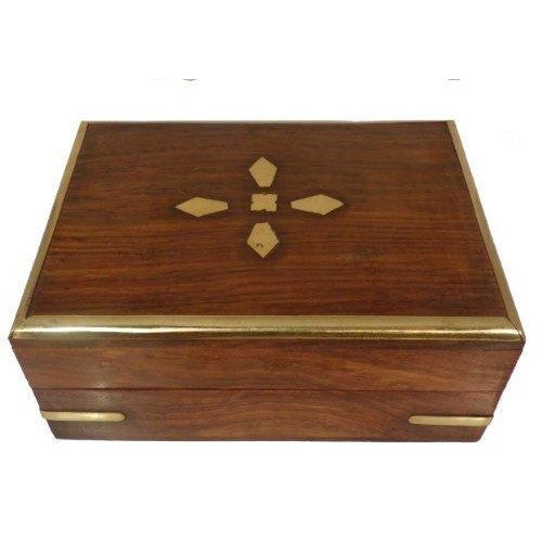 Wooden Box with Diamond Shape Brass Inlay on Lid and Four Corners.-0