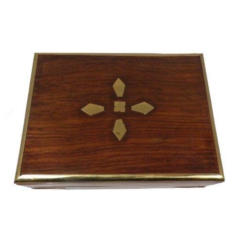 Wooden Box with Diamond Shape Brass Inlay on Lid and Four Corners.-1