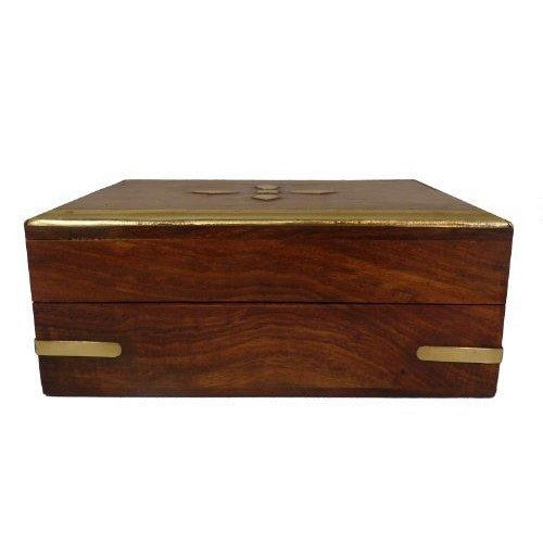 Wooden Box with Diamond Shape Brass Inlay on Lid and Four Corners.-2