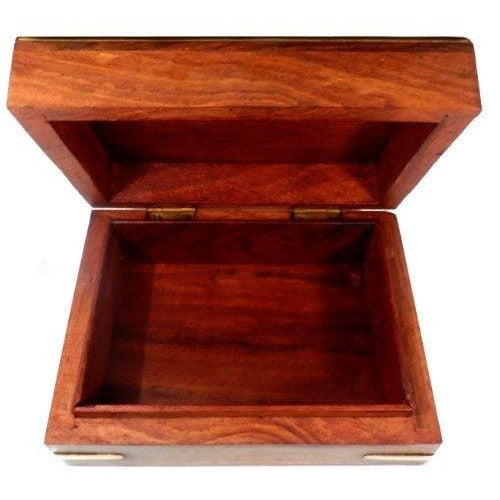 Wooden Box with Diamond Shape Brass Inlay on Lid and Four Corners.-3