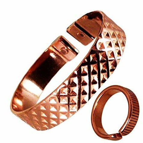 Indented Squares Design Copper Magnetic Band with Lined Finish Magnetic Copper Ring Set-0