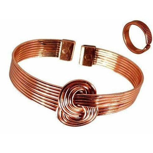 Magnetic Copper Knot Bracelet and Etched-on Lined finish magnetic copper ring set-0
