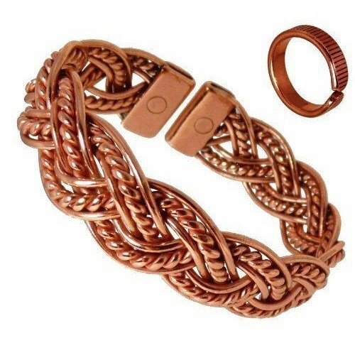 Richly Coloured Magnetic Copper Twisted Plait Bracelet with Etched-on Lines effect Magnetic Copper Ring Set-0