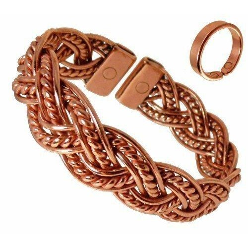 Richly Coloured Magnetic Copper Twisted Plait Bracelet with Smooth Effect Magnetic Copper Ring Set-1