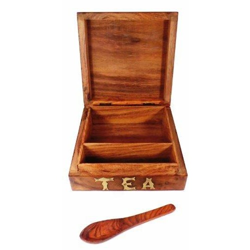 Wooden Tea Storage Box Chest Caddy with Wooden Spoon Set.-0