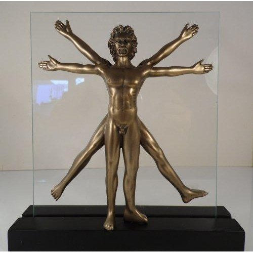 Cold Cast Bronze Sculpture of Leonardo da Vinci's Vitruvian Man with Glass Background-1