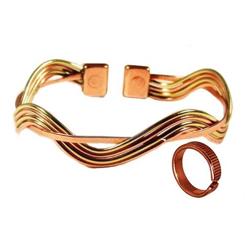 Magnetic Copper & Brass Wave Bracelet and Etched-on Lines Magnetic Copper Ring Set-0